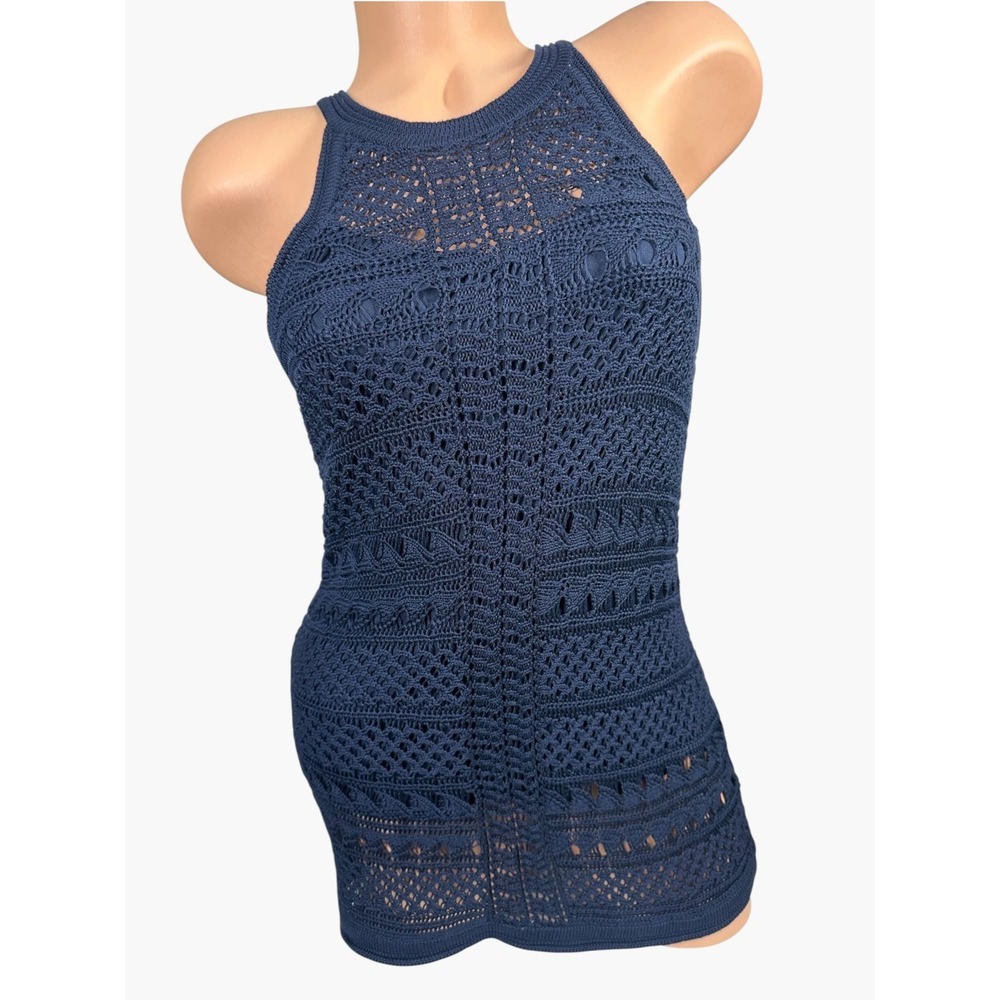 New York & Company Medium Knit Tank Top Navy Blue Crochet Lined Rayon Boho